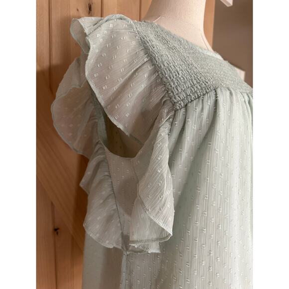 Loft | Dot Smocked Flutter Sleeve Swing Top Seafoam Green | Size Large - Picture 2 of 10